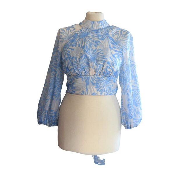 Amanda Uprichard Blue Floral Tie Back Top S Sheer High Neck Romantic *Minor Flaw - Picture 2 of 11